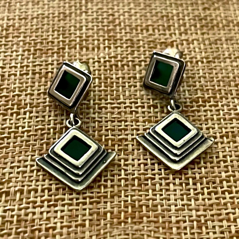 Pair Of Handmade Vintage Green Onyx Pierced Post Earrings Sterling Silver Israel